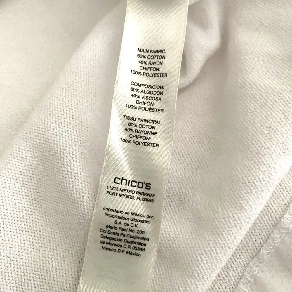 Chico's Sheer Hem Pullover Sweater Tunic Small White Woven 3/4 Sleeves EUC